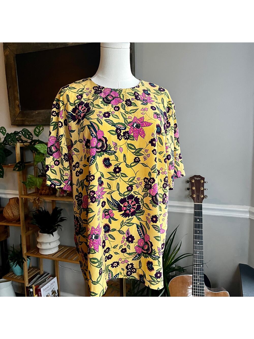 Vintage 80s Floral Blouse Yellow & Pink Bright Bold Size Large